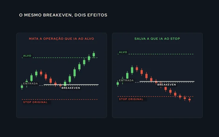 Duas operações compradas lado a lado, com o mesmo stop e o mesmo alvo: na primeira, o preço volta e o breakeven fecha no zero antes de o mercado ir ao alvo; na segunda, o preço vira de vez e o breakeven evita o stop cheio