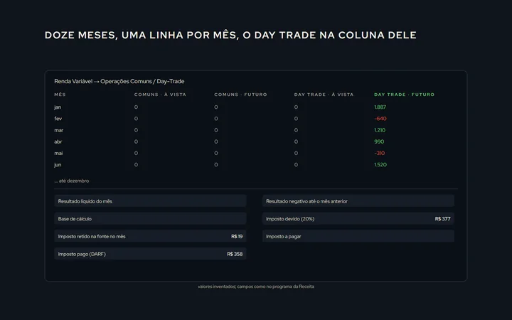 A ficha de renda variável desenhada: doze meses em linhas, as colunas de operações comuns e day trade divididas por mercado, e embaixo os campos de resultado líquido, prejuízo a compensar, imposto retido, imposto a pagar e imposto pago