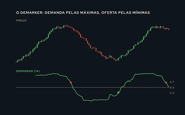 Preço em cima e o DeMarker embaixo, entre 0 e 1, com as faixas de 0,7 e 0,3; os pontos em que o oscilador volta para dentro da faixa estão marcados