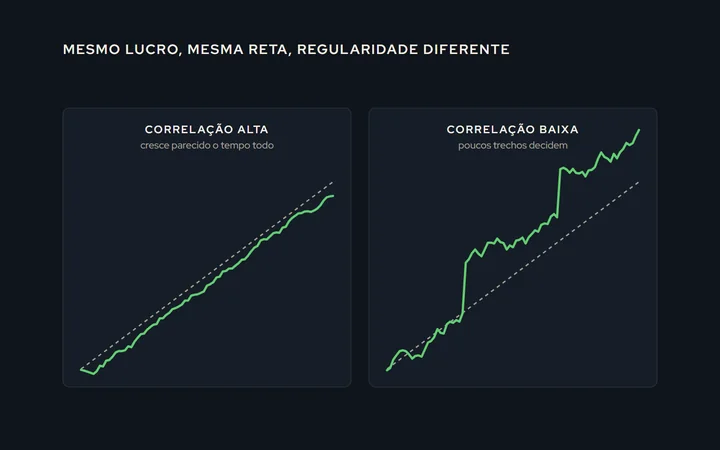 Duas curvas de capital com a mesma reta de regressão: uma cola na reta, com correlação alta; a outra sobe em degraus e quedas, com o mesmo destino e correlação baixa