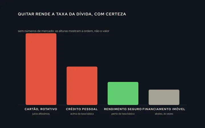 Duas barras lado a lado: a taxa da dívida do cartão muito acima da barra do rendimento de um investimento seguro; a barra do financiamento imobiliário abaixo