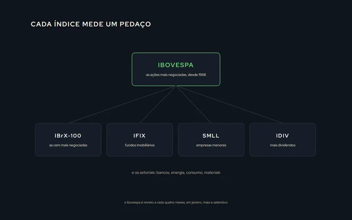Uma árvore de índices: o Ibovespa no centro, com o IBrX ao lado, e ramos para o IFIX dos fundos imobiliários, o SMLL das empresas menores, o IDIV dos dividendos e os setoriais; em cada ramo, o que ele mede em uma linha