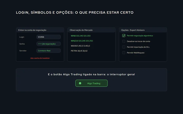 Uma tela do terminal desenhada com as três áreas marcadas: a janela de login com login, senha e servidor; a lista de símbolos com o WIN e o WDO; e a janela de opções com as caixas de negociação automática ligadas