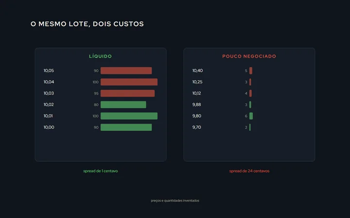 Dois books de ofertas lado a lado: à esquerda, um ativo líquido, com spread de um tick e muita quantidade em cada nível; à direita, um ativo pouco negociado, com spread largo e poucos contratos por nível; embaixo, o spread de cada um