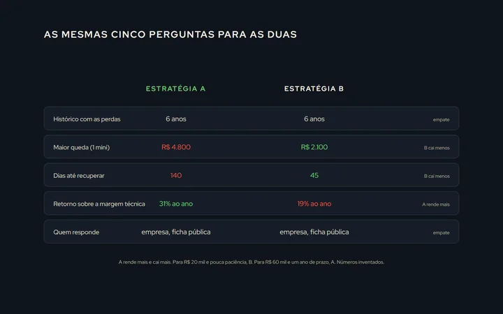 Uma tabela com duas estratégias lado a lado nos cinco critérios: histórico, maior queda contra o capital, tempo de recuperação, retorno sobre a margem técnica contra o CDI, e quem responde; a que rende mais perde no critério da queda, e a decisão depende de quem escolhe