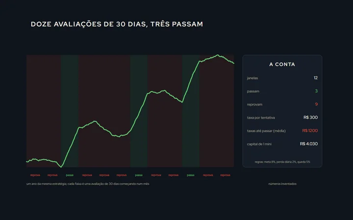 Uma curva de capital de um ano com as regras de uma avaliação desenhadas em cima: a faixa da perda diária, o piso da queda máxima, a linha da meta e a janela de 30 dias deslizando; das doze janelas, três passam e nove reprovam, e o custo das nove taxas ao lado
