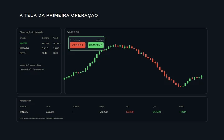 O gráfico do mini-índice em cinco minutos com o painel de negociação com um clique no canto, a Observação do Mercado com o WIN e as colunas de compra e venda, e a aba Negociação embaixo com uma posição aberta, stop e alvo preenchidos
