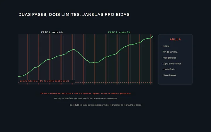 Uma linha do tempo de uma avaliação de Forex em duas fases, com a meta de cada fase, a faixa da perda diária e o piso da queda máxima; sobre a linha, as janelas proibidas (notícias, fim de semana) hachuradas; embaixo, a lista das cláusulas que anulam: notícia, fim de semana, robô, cópia, consistência