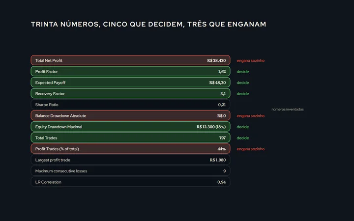 A tabela do relatório desenhada com as linhas principais e cinco delas destacadas (fator de lucro, drawdown do patrimônio, total de operações, resultado esperado, fator de recuperação); três linhas marcadas como as que enganam