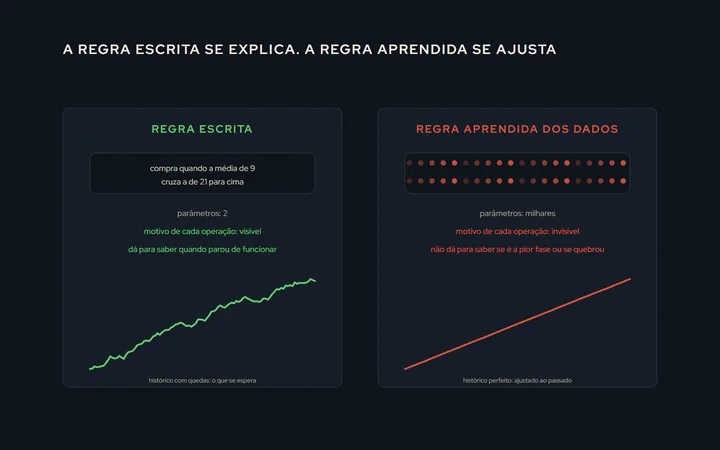 Dois caminhos até uma regra: à esquerda, a regra escrita por uma pessoa, com dois parâmetros e o motivo de cada operação visível; à direita, a regra aprendida dos dados, com milhares de parâmetros, o histórico perfeitamente ajustado e o motivo de cada operação invisível