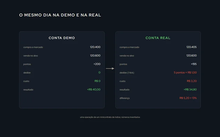 Duas telas lado a lado do mesmo dia: à esquerda a conta demo, com a ordem executada no preço da tela e o resultado bruto; à direita a conta real, com o deslize de um tick na entrada e na saída, o custo descontado e o resultado líquido menor, e a diferença marcada em vermelho