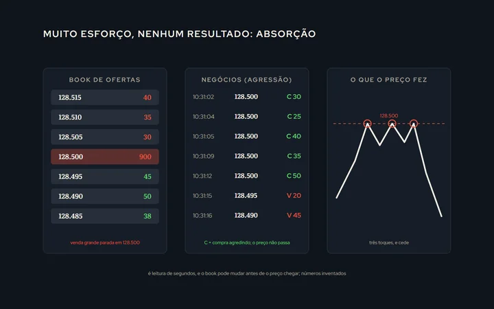 Três painéis lado a lado: um book de ofertas com uma venda grande parada num preço, uma lista de negócios com compras agredindo sem o preço passar, e um gráfico em que o preço toca o nível três vezes e cai; a legenda diz absorção