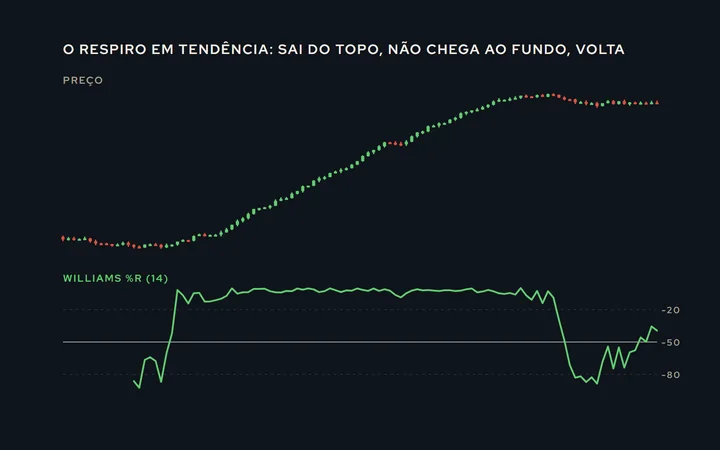 Preço em cima e o Williams %R embaixo, entre 0 e menos 100, com as faixas de menos 20 e menos 80; numa alta, o oscilador recua de menos 20 e sobe de novo antes de chegar a menos 80, marcado como o respiro